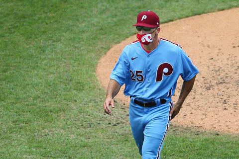 PHILADELPHIA, PA – AUGUST 09: Manager Joe Girardi #25 of the Philadelphia Phillies in action against the Atlanta Braves in game one of a double header at Citizens Bank Park on August 9, 2020 in Philadelphia, Pennsylvania. (Photo by Rich Schultz/Getty Images)