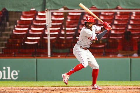 BOSTON, MA – AUGUST 18: Roman Quinn #24 of the Philadelphia Phillies bats during a game giants the Boston Red Sox at Fenway Park on August 18, 2020 in Boston, Massachusetts. (Photo by Adam Glanzman/Getty Images)