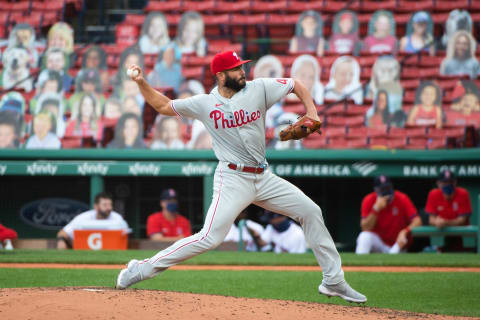 BOSTON, MA – AUGUST 19: Jake Arrieta #49 of the Philadelphia Phillies pitches in the third inning against the Boston Red Sox at Fenway Park on August 19, 2020 in Boston, Massachusetts. (Photo by Kathryn Riley/Getty Images)