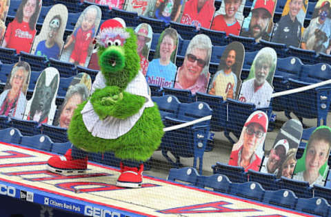 The Phillie Phanatic entertains amongst the cardboard cutout fans (Photo by Rich Schultz/Getty Images)