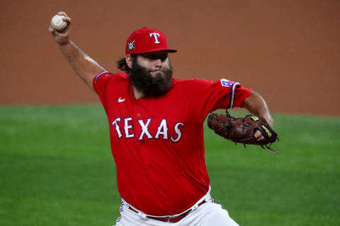 ARLINGTON, TEXAS – AUGUST 29: Lance Lynn #42 of the Texas Rangers pitches against the Los Angeles Dodgers in the top of the first inning at Globe Life Field on August 29, 2020 in Arlington, Texas. All players are wearing #42 in honor of aJackie Robinson Day. The day honoring Jackie Robinson, traditionally held on April 15, was rescheduled due to the COVID-19 pandemic.” (Photo by Tom Pennington/Getty Images)