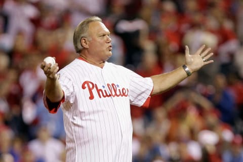 PHILADELPHIA, PA – OCTOBER 07: Former Philadelphia Phillies player Greg “the Bull” Luzinski acknowledges the fans before throwing out the ceremonial first pitch against the St. Louis Cardinals during Game Five of the National League Divisional Series at Citizens Bank Park on October 7, 2011 in Philadelphia, Pennsylvania. (Photo by Rob Carr/Getty Images)