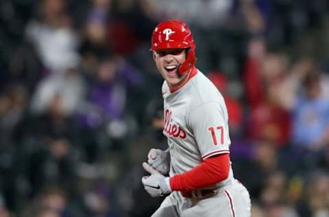 Rhys Hoskins #17 of the Philadelphia Phillies (Photo by Matthew Stockman/Getty Images)