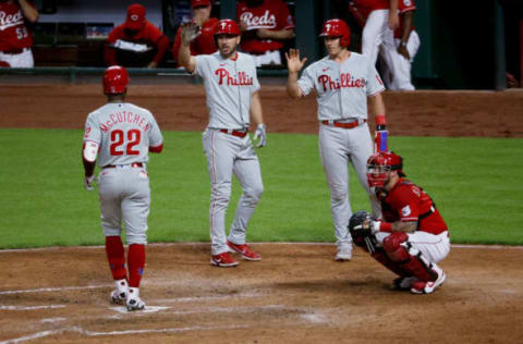 Andrew McCutchen #22, Matt Joyce #7, and J.T. Realmuto #10 of the Philadelphia Phillies (Photo by Dylan Buell/Getty Images)