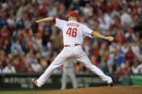 PHILADELPHIA, PA – OCTOBER 07: Ryan Madson #46 of the Philadelphia Phillies throwsa a pitch against the St. Louis Cardinals during Game Five of the National League Divisional Series at Citizens Bank Park on October 7, 2011 in Philadelphia, Pennsylvania. (Photo by Drew Hallowell/Getty Images)