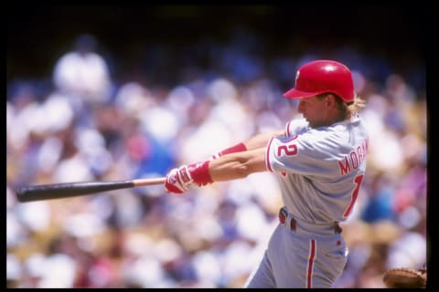 11 Jun 1995: Second baseman Mickey Morandini of the Philadelphia Phillies swings at the ball during a game against the Los Angeles Dodgers at Dodger Stadium in Los Angeles, California.