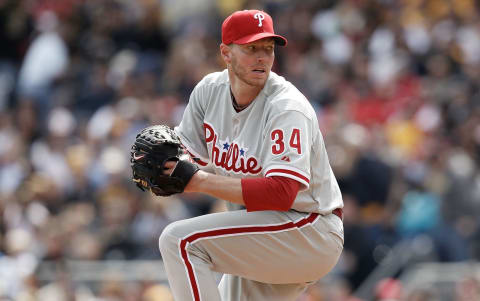 PITTSBURGH, PA – APRIL 05: Roy Halladay #34 of the Philadelphia Phillies pitches against the Pittsburgh Pirates during the Opening Day game on April 5, 2012 at PNC Park in Pittsburgh, Pennsylvania. (Photo by Jared Wickerham/Getty Images)