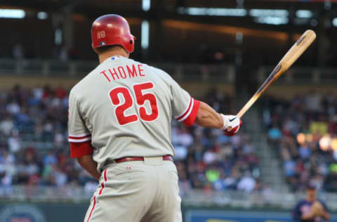 Jim Thome #25 of the Philadelphia Phillies (Photo by Brace Hemmelgarn/Minnesota Twins/Getty Images)