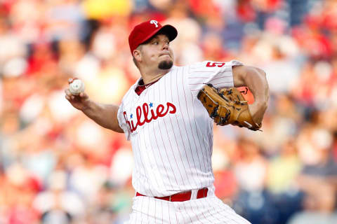 PHILADELPHIA, PA – JUNE 20: Starting Pitcher Joe Blanton #56 of the Philadelphia Phillies throws a pitch during the game against the Colorado Rockies at Citizens Bank Park on June 20, 2012 in Philadelphia, Pennsylvania. The Phillies won 7-6. (Photo by Brian Garfinkel/Getty Images)