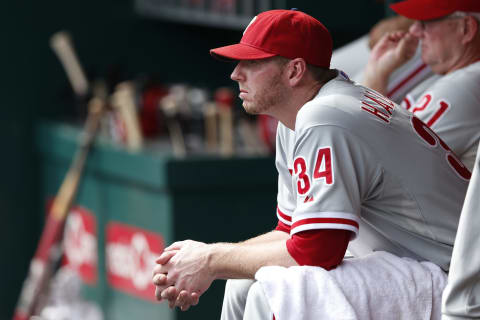 CINCINNATI, OH – SEPTEMBER 5: Roy Halladay #34 of the Philadelphia Phillies looks on during the game against the Cincinnati Reds at Great American Ball Park on September 5, 2012 in Cincinnati, Ohio. The Phillies won 6-2. (Photo by Joe Robbins/Getty Images)