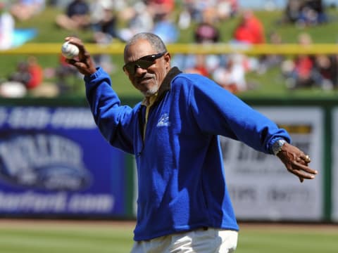 CLEARWATER, FL – MARCH 6: Dave Cash throws out a ceremonial first pitch before the Philadelphia Phillies play against the Washington Nationals March 6, 2013 at Bright House Field in Clearwater, Florida. (Photo by Al Messerschmidt/Getty Images)