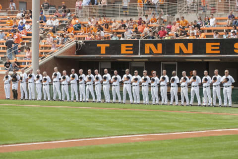 KNOXVILLE, TN – April 6, 2013: The Tennessee Volunteer Baseball Team during the final baseball game in the series between the University Tennessee Volunteers and the University of South Carolina Gamecocks at Lindsey Nelson Stadium in Knoxville, TN. Photo By Matthew DeMaria/Tennessee Athletics (Photo by Matthew DeMaria/Tennessee Athletics/Tennessee Athletics/Collegiate Images/Getty Images)