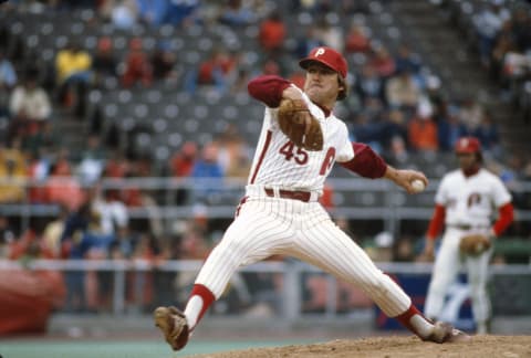 PHILADELPHIA, PA – CIRCA 1978: Pitcher Tug McGraw #45 of the Philadelphia Phillies pitches during an Major League Baseball game circa 1978 at Veterans Stadium in Philadelphia, Pennsylvania. McGraw played for the Phillies from 1975-84. (Photo by Focus on Sport/Getty Images)