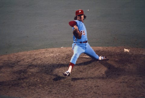 KANSAS CITY, MO – OCTOBER 1980: Pitcher Tug McGraw #45 of the Philadelphia Phillies pitches against the Kansas City Royals during the 1980 World Series at Royals Stadium in Kansas City, Missouri. The Phillies won the series 4 games to 2. McGraw played for the Phillies from 1975- 84. (Photo by Focus on Sport/Getty Images)