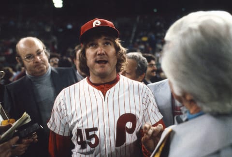 PHILADELPHIA, PA – OCTOBER 21, 1980: Pitcher Tug McGraw #45 of the Philadelphia Phillies talks with the Media after defeating the Kansas City Royals in game six of the 1980 World Series at Veterans Stadium in Philadelphia, Pennsylvania. The Phillies won the series 4 games to 2. McGraw played for the Phillies from 1975- 84. (Photo by Focus on Sport/Getty Images)