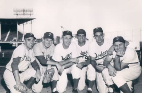 1957: All-Star players Curt Simmons, Jack Sanford, All-Star manager Walt Alston, Gino Cimoli, Clem Labine and Gil Hodges (Sports Studio Photos/Getty Images)