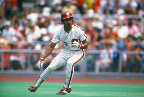 PHILADELPHIA, PA – CIRCA 1984: Juan Samuel #8 of the Philadelphia Phillies runs the bases during a Major League Baseball game circa 1984 at Veterans Stadium in Philadelphia, Pennsylvania. Samuel played for the Phillies from 1983-89. (Photo by Focus on Sport/Getty Images)