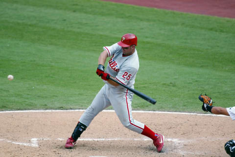 MIAMI – APRIL 3: Jim Thome #25 of the Philadelphia Phillies takes a swing during the game against the Florida Marlins at Pro Player Stadium on April 3, 2003 in Miami, Florida. The Marlins defeated the Phillies 8-3. (Photo By Eliot J. Schechter/Getty Images)