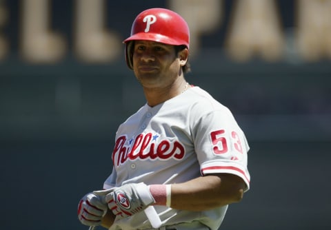 SAN FRANCISCO – AUGUST 9: Right fielder Bobby Abreu #53 of the Philadelphia Phillies watches the MLB game against the San Francisco Giants at Pac Bell Park on August 9, 2003 in San Francisco, California. The Phillies won 8-6. (Photo by Jed Jacobsohn/Getty Images)