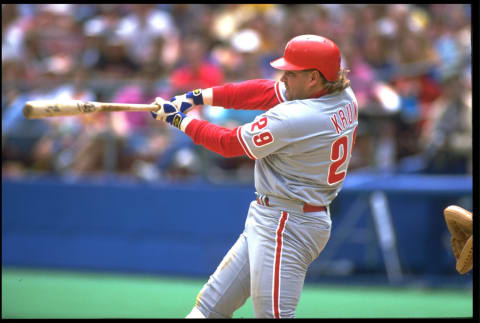 19 Apr 1992: PHILADELPHIA PHILLIES FIRST BASEMAN JOHN KRUK MAKES CONTACT WITH A PITCH DURING THE PHILLIES VERSUS PITTSBURGH PIRATES GAME AT THREE RIVERS STADIUM IN PITTSBURGH, PENNSYLVANIA.