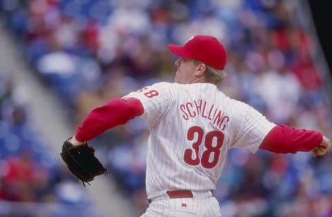 26 Apr 1998: Curt Schilling #38 of the Philadelphia Phillies in action during a game against the St. Louis Cardinals at the Veterans Stadium in Philadelphia, Pennsylvania. The Phillies defeated the Cardinals 9-3. Mandatory Credit: Al Bello /Allsport