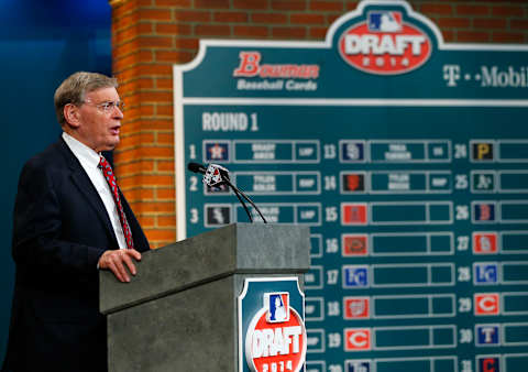 SECAUCUS, NJ – JUNE 5: Commissioner Allan H. Bud Selig at the podium during the MLB First-Year Player Draft at the MLB Network Studio on June 5, 2014 in Secaucus, New Jersey. (Photo by Rich Schultz/Getty Images)