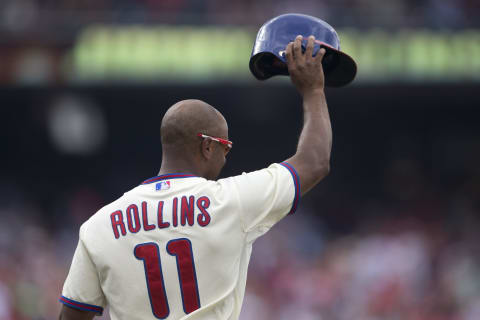 PHILADELPHIA, PA – JUNE 14: Shortstop Jimmy Rollins #11 of the Philadelphia Phillies hits a single in the bottom of the fifth inning during the game against the Chicago Cubs on June 14, 2014 at Citizens Bank Park in Philadelphia, Pennsylvania. This single makes Jimmy Rollins the all-time Phillies career hit leader with 2,235 hits (Photo by Mitchell Leff/Getty Images)