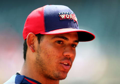 MINNEAPOLIS, MN – JULY 13: Jorge Alfaro of the World Team looks on during batting practice prior to the SiriusXM All-Star Futures Game against the U.S. Team at Target Field on July 13, 2014 in Minneapolis, Minnesota. (Photo by Elsa/Getty Images)