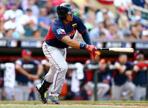 MINNEAPOLIS, MN – JULY 13: Jorge Alfaro of the World Team bats against the U.S. Team during the SiriusXM All-Star Futures Game at Target Field on July 13, 2014 in Minneapolis, Minnesota. (Photo by Elsa/Getty Images)