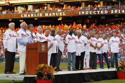 PHILADELPHIA, PA – AUGUST 09: Former manager Charlie Manuel of the Philadelphia Phillies talks about being inducted into the Phillies Wall of Fame during a ceremony before the start of a game against the New York Mets at Citizens Bank Park on August 9, 2014 in Philadelphia, Pennsylvania. (Photo by Rich Schultz/Getty Images)