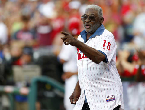 PHILADELPHIA, PA – AUGUST 09: Former Philadelphia Phillies great Dick Allen is introduced during a ceremony to honor former manager Charlie Manuel who was inducted to the Phillies Wall of Fame before the start of a game against the New York Mets at Citizens Bank Park on August 9, 2014 in Philadelphia, Pennsylvania. (Photo by Rich Schultz/Getty Images)