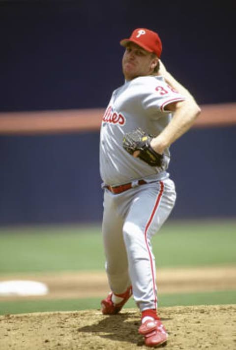 UNSPECIFIED – CIRCA 1993: Curt Schilling #38 of the Philadelphia Phillies pitches during an Major League Baseball game circa 1993. Schilling played for the Phillies from 1992-2000. (Photo by Focus on Sport/Getty Images)