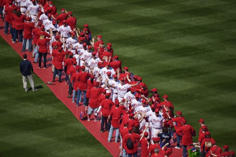 PHILADELPHIA, PA – APRIL 06: The Philadelphia Phillies march into the stadium before the game against the Boston Red Sox during Opening Day at Citizens Bank Park on April 6, 2015 in Philadelphia, Pennsylvania. (Photo by Drew Hallowell/Getty Images)