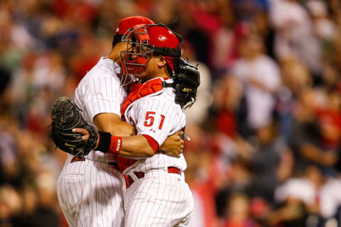 PHILADELPHIA, PA – MAY 15: Luis Garcia #57 of the Philadelphia Phillies and Carlos Ruiz #51 celebrate after the game against the Arizona Diamondbacks at Citizens Bank Park on May 15, 2015 in Philadelphia, Pennsylvania. The Phillies won 4-3. (Photo by Brian Garfinkel/Getty Images)