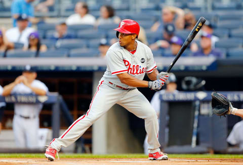 NEW YORK, NY – JUNE 22: Ben Revere #2 of the Philadelphia Phillies in action against the New York Yankees at Yankee Stadium on June 22, 2015 in the Bronx borough of New York City. The Phillies defeated the Yankees 11-8. (Photo by Jim McIsaac/Getty Images)