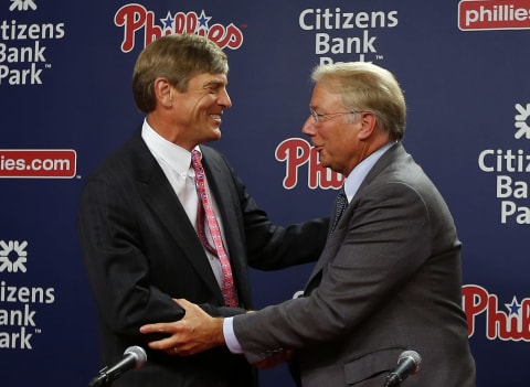 PHILADELPHIA, PA – JUNE 29: John Middletown, left, part owner of Philadelphia Phillies shakes hands with Andy MacPhail, right, after a press conference at Citizens Bank Park on June 29, 2015 in Philadelphia, Pennsylvania. MacPhail will take over for Pat Gillick as the teams’ president after this season. (Photo by Rich Schultz/Getty Images)