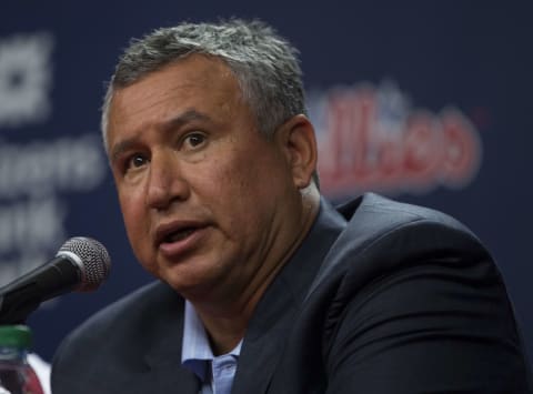 PHILADELPHIA, PA – JUNE 17: Phillies Director of Amateur Scouting Johnny Almaraz addresses the media during a press conference prior to the game against the Baltimore Orioles on June 17, 2015 at the Citizens Bank Park in Philadelphia, Pennsylvania. (Photo by Mitchell Leff/Getty Images)