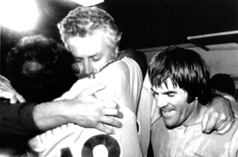 HOUSTON, TX – OCTOBER 12: Manager Dallas Green, coach Ruben Amaro #12 and Pete Rose #14 of the Philadelphia Phillies celebrate in the locker room after the Phillies defeated the Houston Astros in Game 5 of the 1980 National League Championship Series on October 12, 1980 at the Astrodome in Houston, Texas. (Photo by B Bennett/Bruce Bennett Studios via Getty Images Studios/Getty Images)