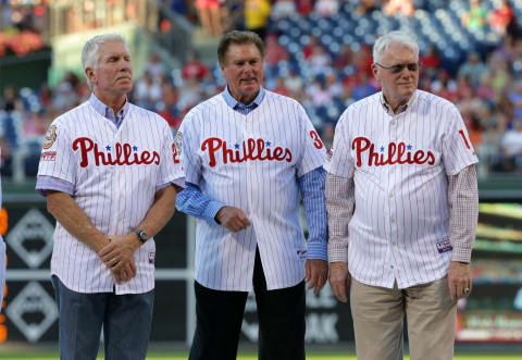 PHILADELPHIA, PA – JULY 31: (L-R) Past players of the Philadelphia Phillies, Mike Schmidt, Steve Carlton and Jim Bunning during the Pat Burrell “Wall of Fame” Induction ceremony before a game against the Atlanta Braves at Citizens Bank Park on July 31, 2015 in Philadelphia, Pennsylvania. The Phillies won 9-3. (Photo by Hunter Martin/Getty Images)