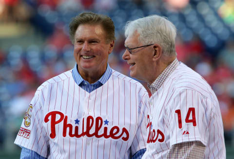 PHILADELPHIA, PA – JULY 31: Hall of Fame players, left-handed pitcher Steve Carlton #32 (L) and right-handed pitcher Jim Bunning (R) of the Philadelphia Phillies, stand on the stage during the Pat Burrell “Wall of Fame” Induction ceremony before a game against the Atlanta Braves at Citizens Bank Park on July 31, 2015 in Philadelphia, Pennsylvania. The Phillies won 9-3. (Photo by Hunter Martin/Getty Images)