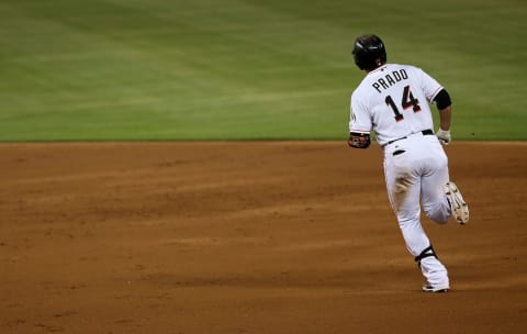 MIAMI, FL – AUGUST 20: Martin Prado #14 of the Miami Marlins rounds the bases after hitting a three run home run during a game at Marlins Park on August 20, 2015 in Miami, Florida. (Photo by Mike Ehrmann/Getty Images)