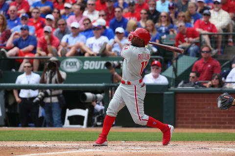 ARLINGTON, TX – MARCH 31: Jimmy Rollins #11 of the Philadelphia Phillies during the MLB Opening Day game at Globe Life Park in Arlington on March 31, 2014 in Arlington, Texas. (Photo by Ronald Martinez/Getty Images)