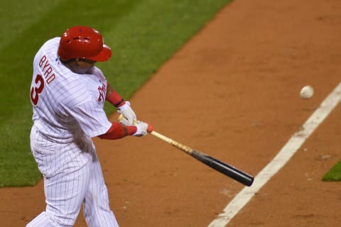 PHILADELPHIA, PA – APRIL 29: Marlon Byrd #3 of the Philadelphia Phillies hits a home run in the fourth inning against the New York Mets at Citizens Bank Park on April 29, 2014 in Philadelphia, Pennsylvania. The Mets won 6-1. (Photo by Drew Hallowell/Getty Images)