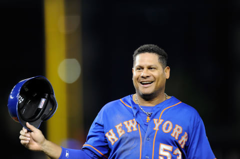 WASHINGTON, DC – MAY 16: Bobby Abreu #53 of the New York Mets takes off his batting helemt during the game against the Washington Nationals at Nationals Park on May 16, 2014 in Washington, DC. (Photo by G Fiume/Getty Images)