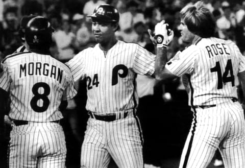 PHILADELPHIA, PA – JUNE 8: Tony Perez #24 of the Philadelphia Phillies is congratulated by Joe Morgan #8 and Pete Rose #14 after hitting a three-run home run against the St. Louis Cardinals on June 8, 1983 at Veterans Stadium in Philadelphia, Pennsylvania. (Photo by B Bennett/Bruce Bennett Studios via Getty Images Studios/Getty Images)