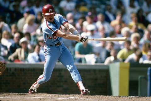 CHICAGO, IL – CIRCA 1987: Mike Schmidt #20 of the Philadelphia Phillies bats against the Chicago Cubs during an Major League Baseball game circa 1987 at Wrigley Field in Chicago, Illinois. Schmidt played for the Phillies from 1972-89. (Photo by Focus on Sport/Getty Images)