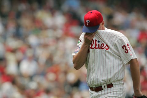 PHILADELPHIA – JUNE 17: Brett Myers #39 of the Philadelphia Phillies wipes his eyes during MLB interleague game against the Detroit Tigers at the Citizens Bank Park on June 17, 2004 in Philadelphia, Pennsylvania. Phillies defeated the Tigers 6-2. (Photo by Doug Pensinger/Getty Images)