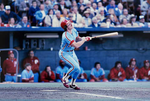 KANSAS CITY, MO – OCTOBER 1980: Mike Schmidt of the Philadelphia Phillies swings and connects with the ball during the World Series against the Kansas City Royals at Royals Stadium in Kansas City, Missouri in October of 1980. (Photo by Focus on Sport via Getty Images)