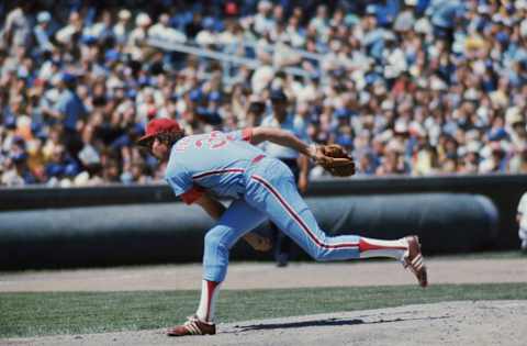 (Original Caption) Chicago, Il.: Phillies’ ace left-hander, Steve Carlton, shows his winning form to Cub hitters as he coasted to his 17th victory of the season. The first Major League pitcher to reach that plateau. Carlton also contributed a homer his first in almost four years, as the team hit six homers to tie a club record.