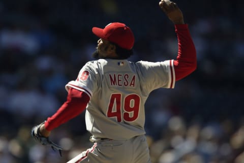 DENVER – APRIL 28: Jose Mesa #49 of the Philadelphia Phillies pitches against the Colorado Rockies during the game at Coors Field in Denver, Colorado on April 28, 2002. The Rockies won 4-2. (Photo by Brian Bahr/Getty Images)